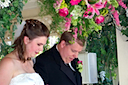 Rebecca and Brian step off the gazebo to greet their friends and family.